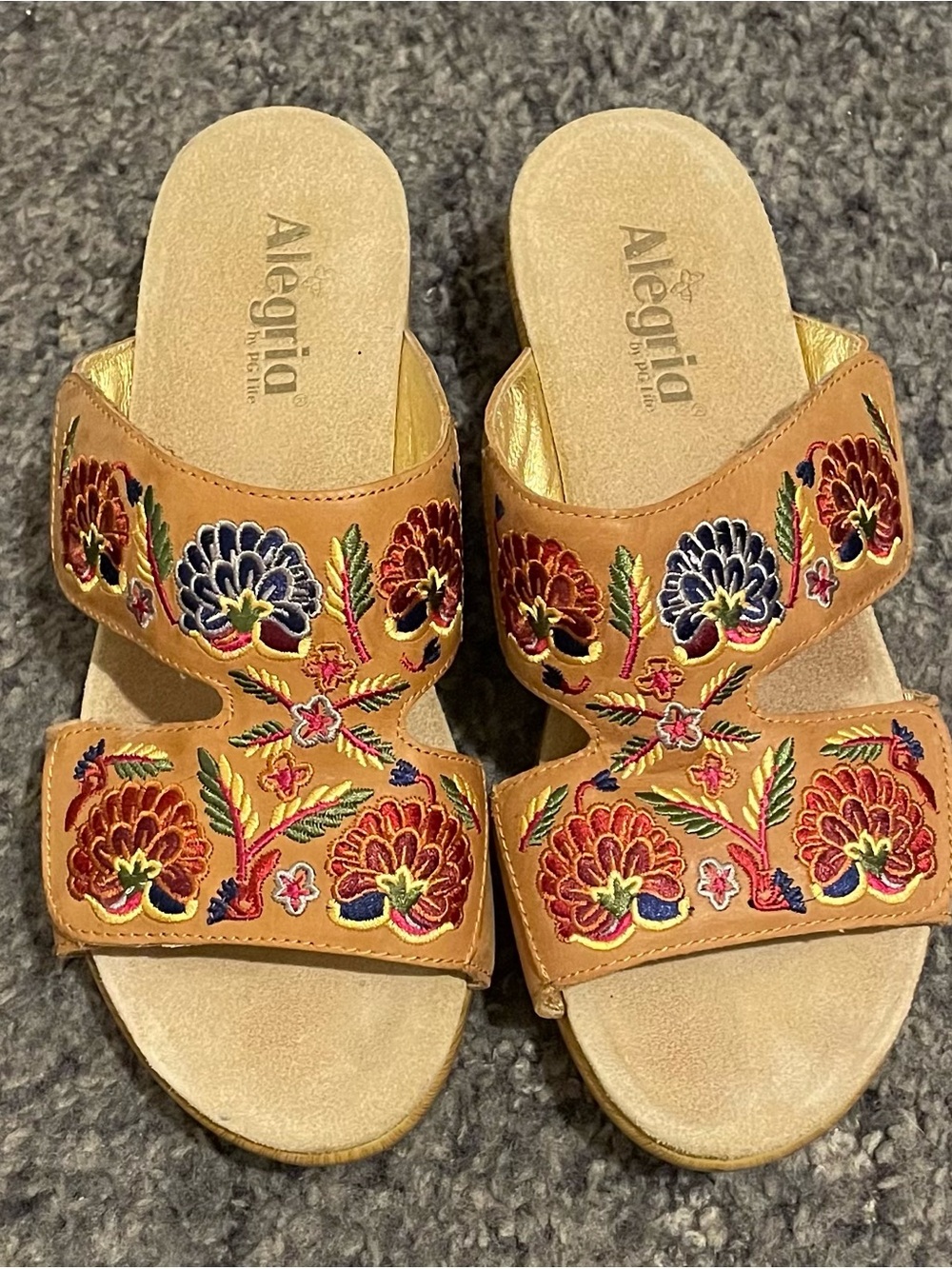 Alegria Lin Embroidery Heeled Sandals Slip On Tan Leather Size EU 42 US 11.5